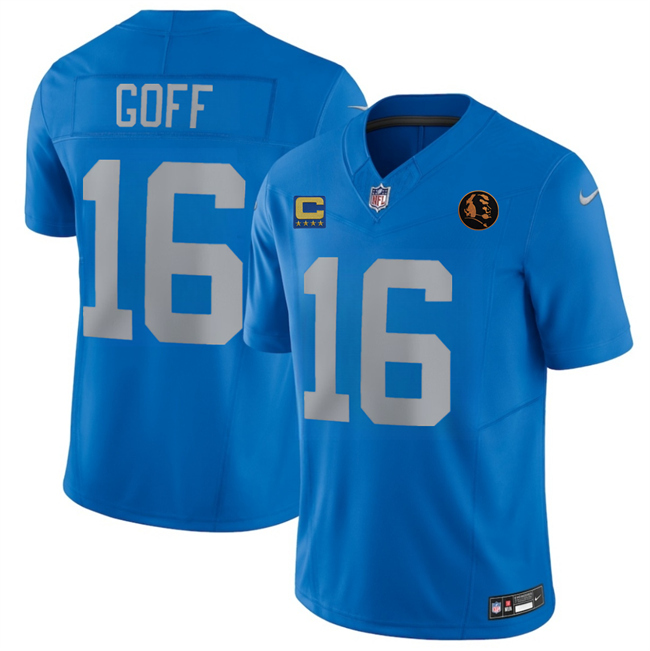Men's Blue Detroit Lions #16 Jared Goff 2025 F.U.S.E.With 4-Star C Patch And John Madden Patch Vapor Limited Stitched Jersey